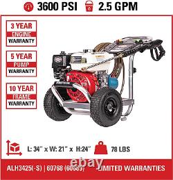 ALH3425 Aluminum Gas Pressure Washer Powered by Honda GX200, 3600 PSI @ 2.5 GPM