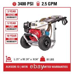 Aluminum 3400 PSI 2.5 GPM Gas Cold Water Pressure Washer with HONDA GX200 Engine