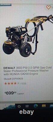 DEWALT DXPW3625 3600 PSI 2.5 GPM HONDA GX200 Cold Water Professional Gas