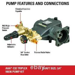 Pressure Washer Power Pump Horizontal Triplex 3200 PSI 2.8 GPM 3/4 Shaft Kit