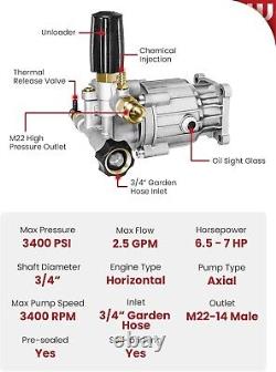 Pressure Washer Pump, 3/4 Shaft, 3400PSI 2.5GPM, Horizontal Power Washer Pump