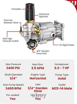 Pressure Washer Pump, 3/4 Shaft, 3400PSI 2.5GPM, Horizontal Power Washer Pump w