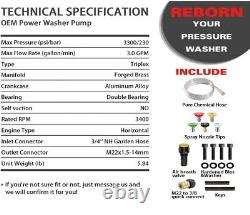 Pompe de laveuse à pression triplex horizontale avec arbre de 3/4 pouces, 3300 PSI, 3.0 GPM, 5.5-8 HP